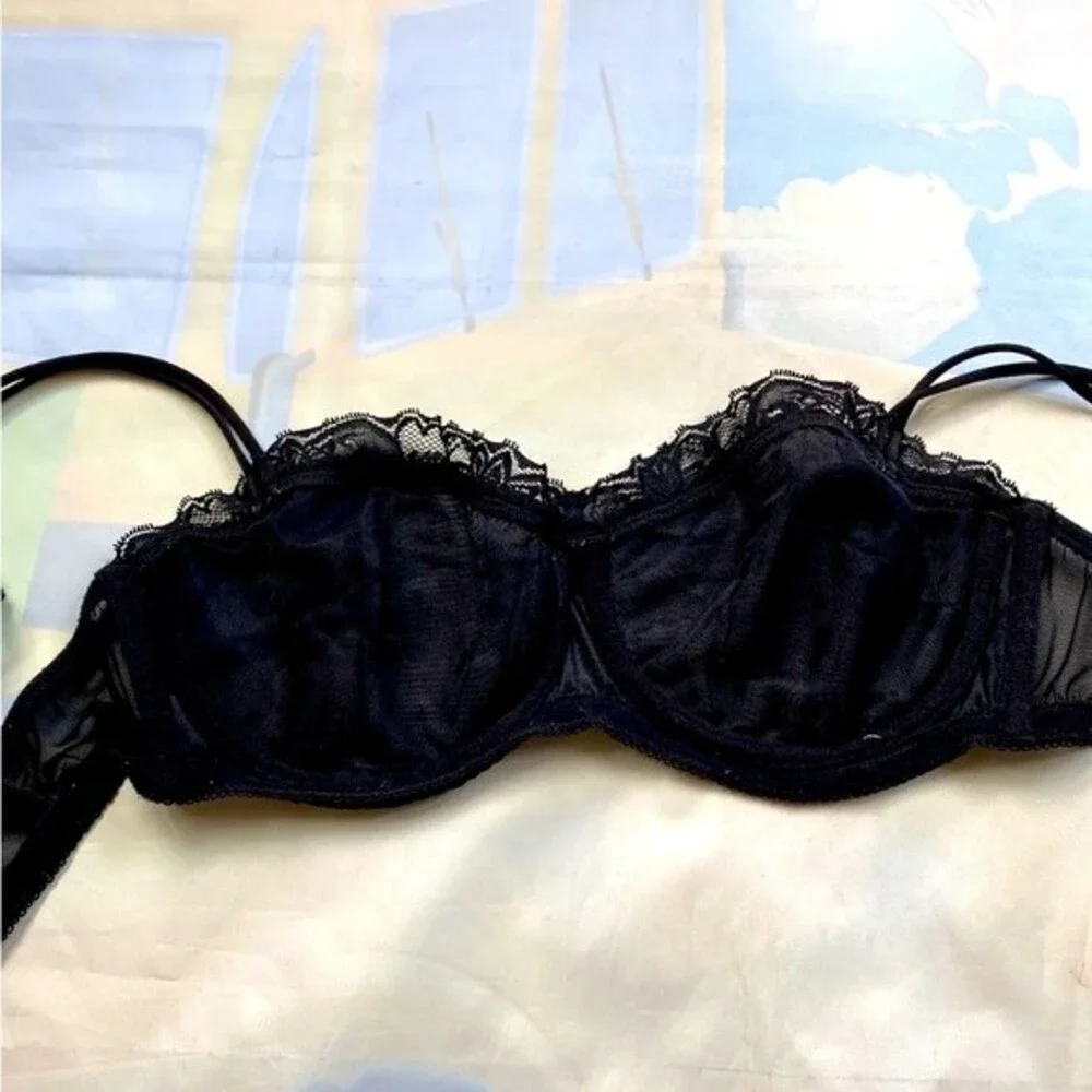 H&M Balcony Bra U/Wired Non-Padded W/ Rhinestone Sexy Mesh & Lace 34D Black VTG